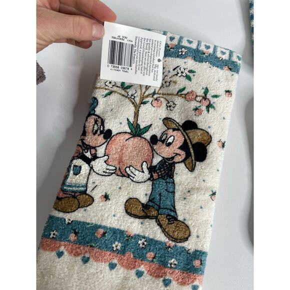 NEW Vintage Disney Mickey Minnie Peach Tree Cannon Dish Towel 2 Pot Holders - Picture 2 of 7